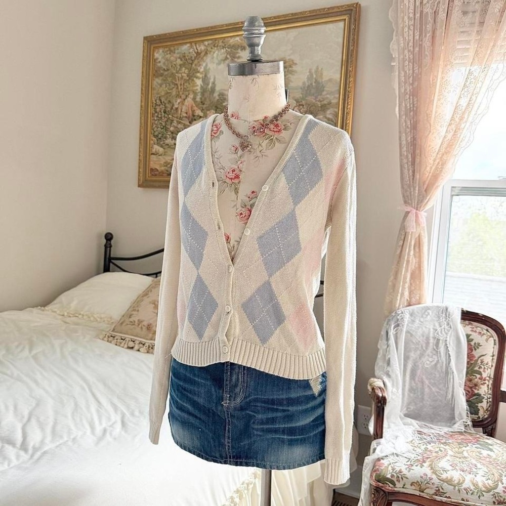cream‎ argyle cardigan going out top John Galt fits like a small